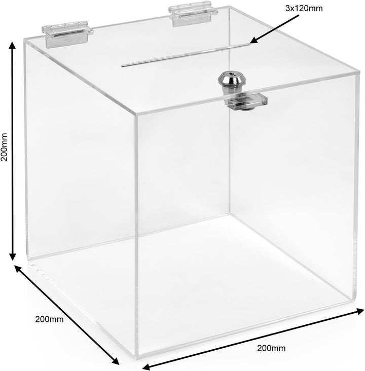 Losbox/Aktionsbox 200x200x200mm mit Schloss, aus transparentem Acrylglas/Spendenbox/Einwurfbox/Gewin