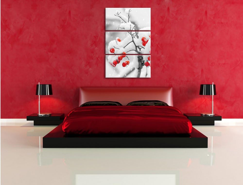 Pixxprint Rote Vogelbeeren im Winter 3-Teiler Leinwandbild 120x80 Bild auf Leinwand