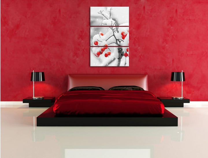 Pixxprint Rote Vogelbeeren im Winter 3-Teiler Leinwandbild 120x80 Bild auf Leinwand