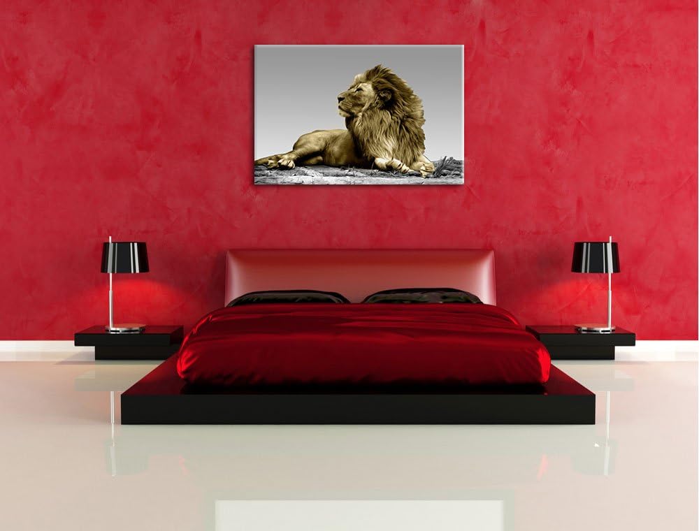 majestätischer Löwe auf Fels schwarz/weiss Format: 100x70 auf Leinwand, XXL riesige Bilder fertig ge