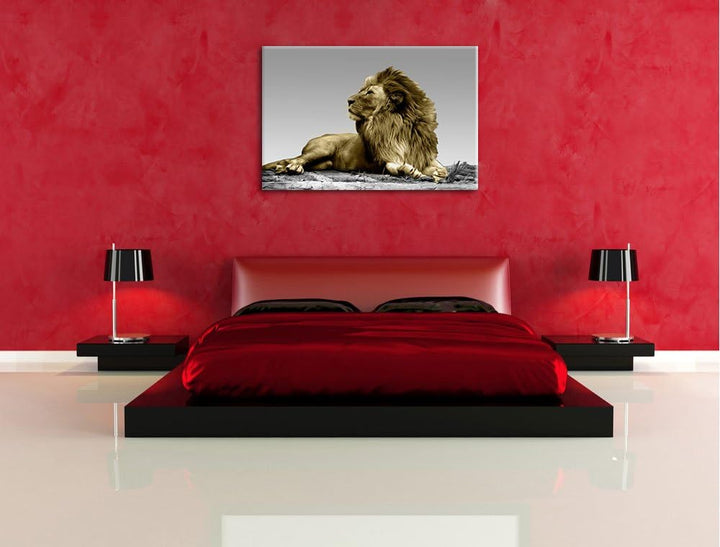 majestätischer Löwe auf Fels schwarz/weiss Format: 100x70 auf Leinwand, XXL riesige Bilder fertig ge
