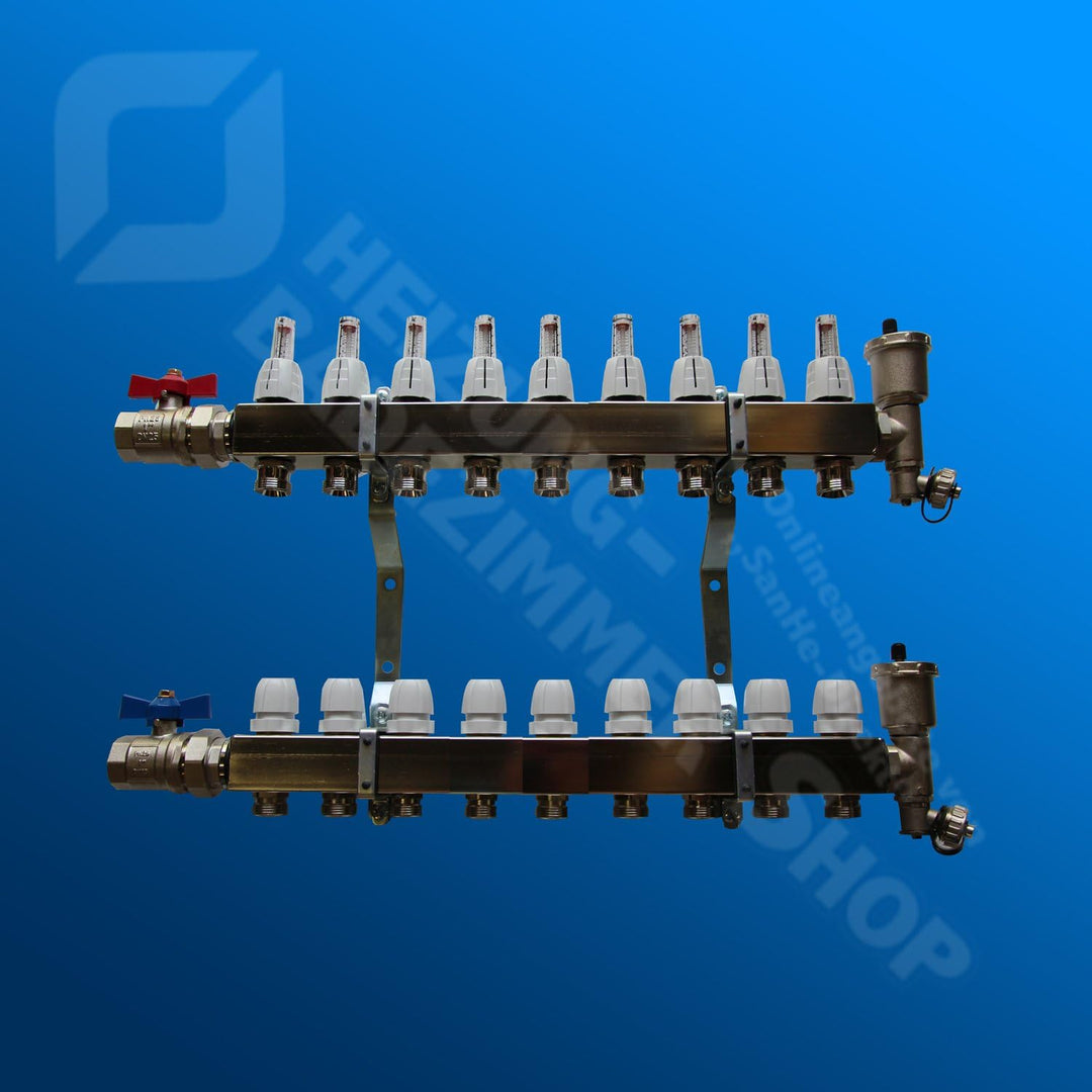 Heizkreisverteiler Edelstahl mit Durchflussanzeige für Fussbodenheizung von EasyTHERM (9 Heizkreise)