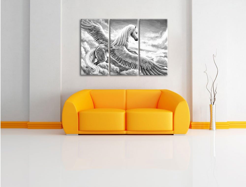 Pixxprint Pegasus fliegt über den Wolken Kunst B&W 3-Teiler Leinwandbild 120x80 Bild auf Leinwand