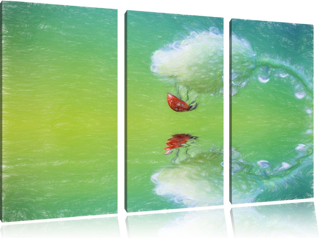 Pixxprint Roter Marienkäfer hängt kopfüber an Einer Mohnblume Kunst Buntstift Effekt 3-Teiler Leinwa