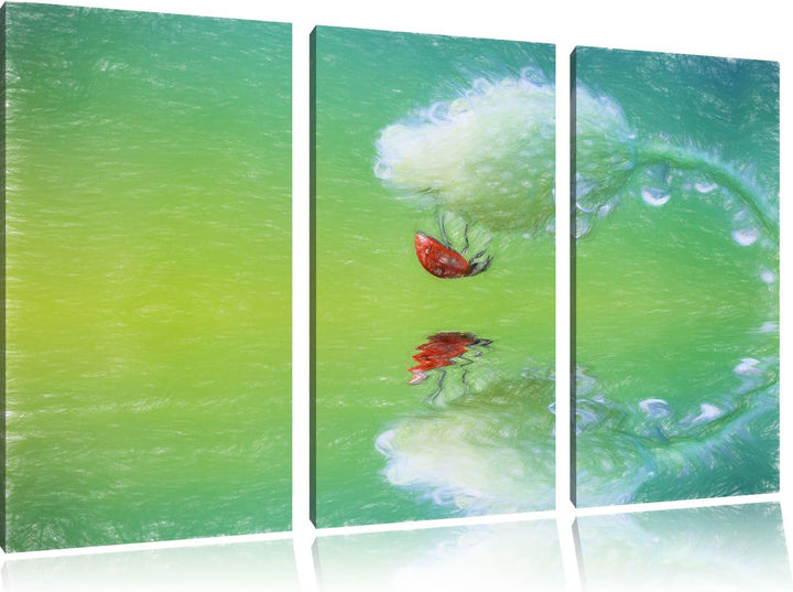 Pixxprint Roter Marienkäfer hängt kopfüber an Einer Mohnblume Kunst Buntstift Effekt 3-Teiler Leinwa