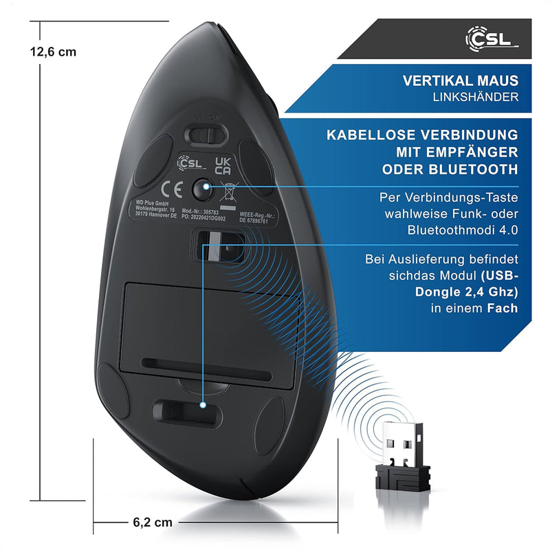 CSL – Maus kabellos für Linkshänder – Vertikalmaus Bluetooth und 2,4 Ghz Wireless Funkmaus – vertika