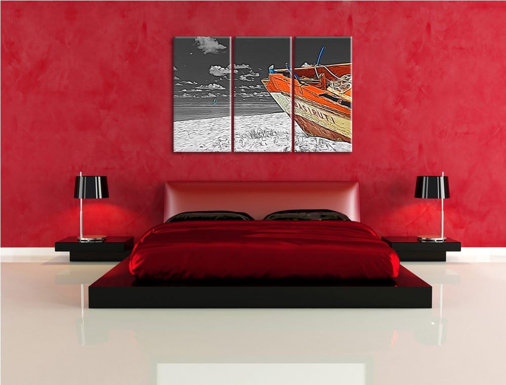 beeindruckendes Boot am Strand schwarz/weiss Deluxe 3-Teiler Leinwandbild 120x80 Bild auf Leinwand,