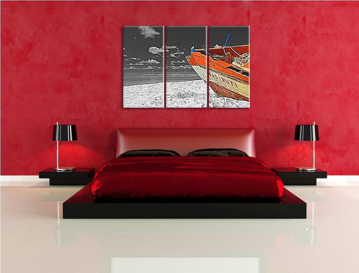 beeindruckendes Boot am Strand schwarz/weiss Deluxe 3-Teiler Leinwandbild 120x80 Bild auf Leinwand,