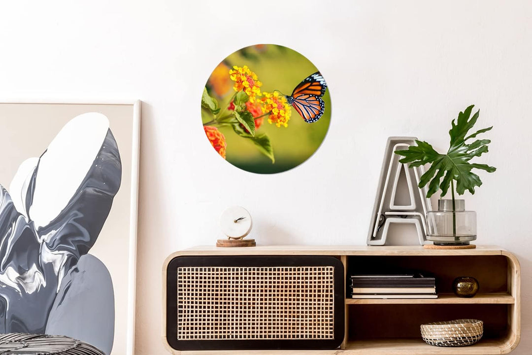 MuchoWow Wandbild Rund Wanddeko Deko Wohnzimmer Bilder 30x30 cm Schmetterling - Insekten - Blumen -