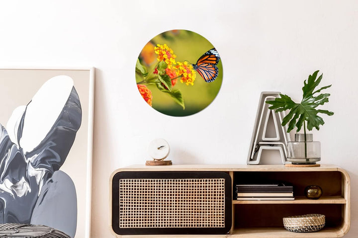 MuchoWow Wandbild Rund Wanddeko Deko Wohnzimmer Bilder 30x30 cm Schmetterling - Insekten - Blumen -