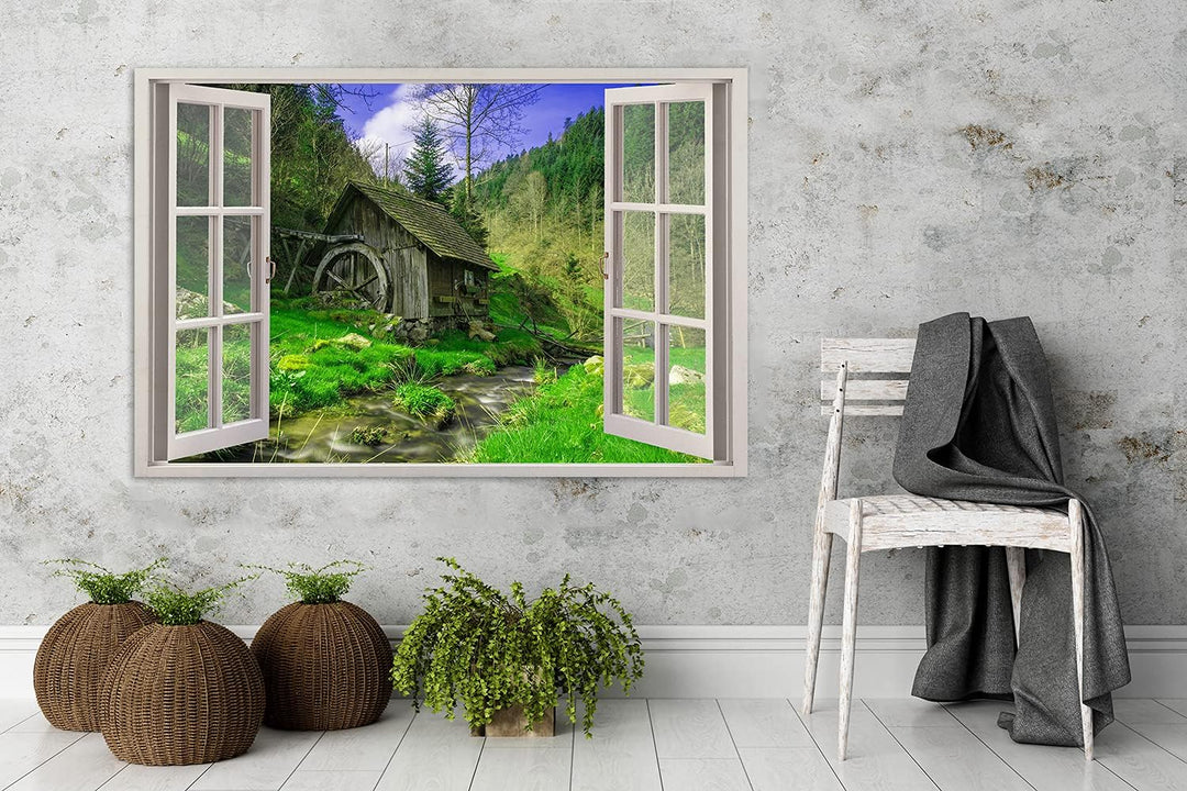 Feeby Vlies Leinwandbild Offenes Fenster 3D-Illusion 90x60 cm Druckbild Wandbild Wanddekoration Deko