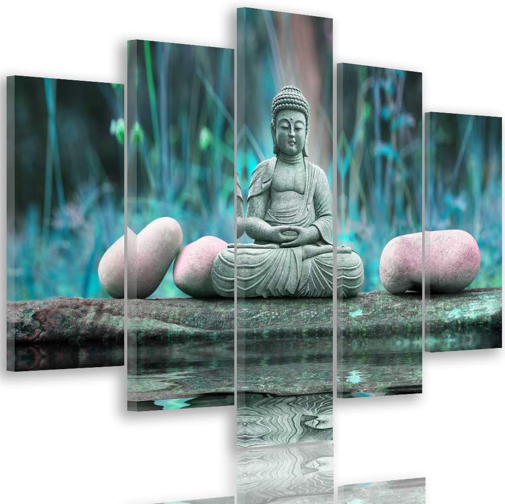 Feeby Leinwandbild 5 Teilig Buddha Bild Wanddeko Natur Wasser Steine Zen blau 150x100 cm Leinwandbil