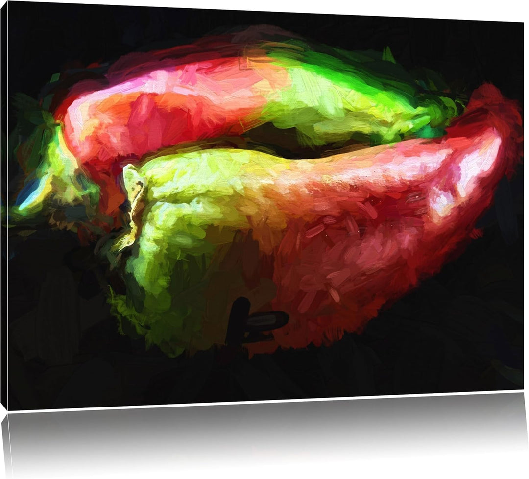 Dark zwei Chilischoten Deluxe Format: 100x70 cm auf Leinwand, XXL riesige Bilder fertig gerahmt mit
