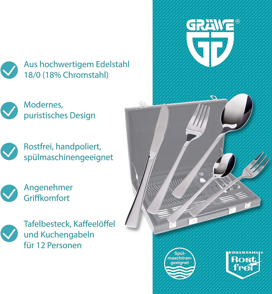 GRÄWE Besteckkoffer für 12 Personen aus Edelstahl, Besteckset 60-teilig, Aufbewahrungsbox inkl. Kuch
