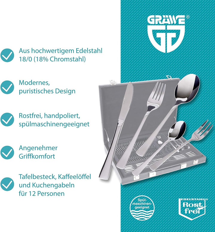 GRÄWE Besteckkoffer für 12 Personen aus Edelstahl, Besteckset 60-teilig, Aufbewahrungsbox inkl. Kuch