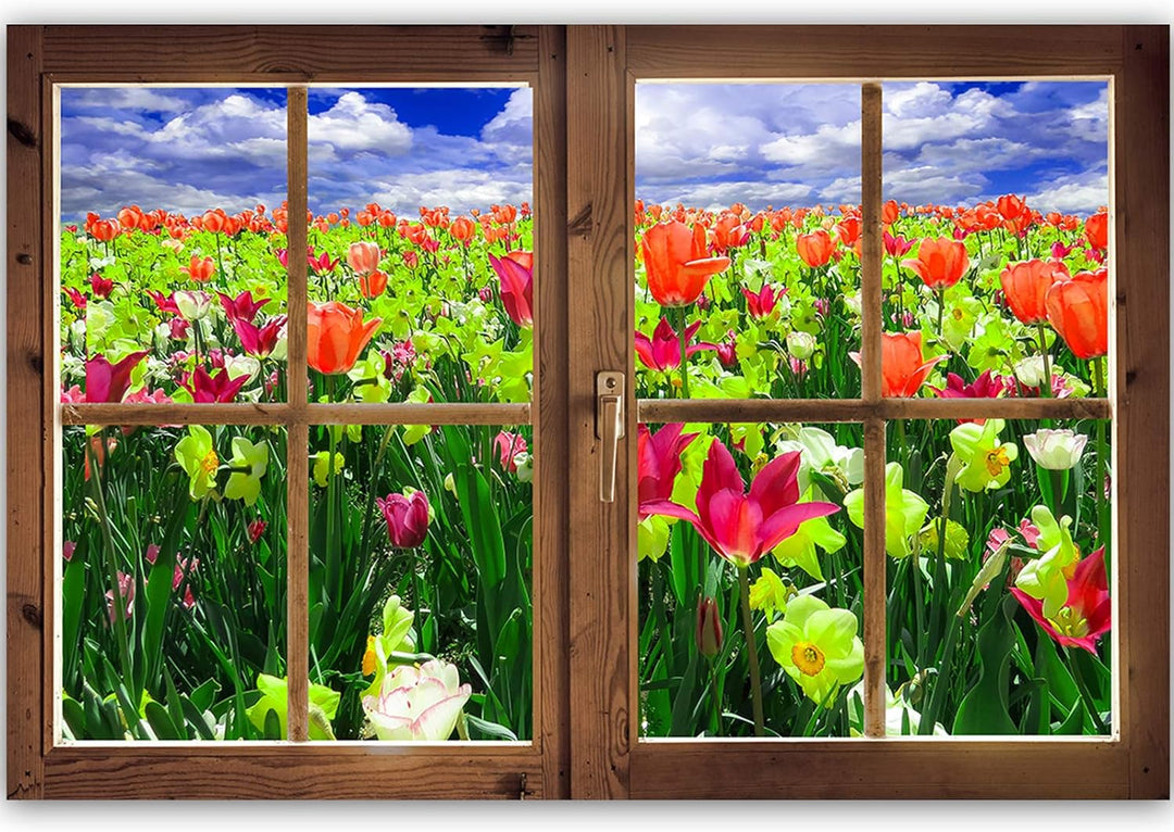 Wanddeko Fenster 3D Illusion Kunst Modern Art Bilder Blumen mehrfarbig 90x60 cm Deko paneel 90x60 cm