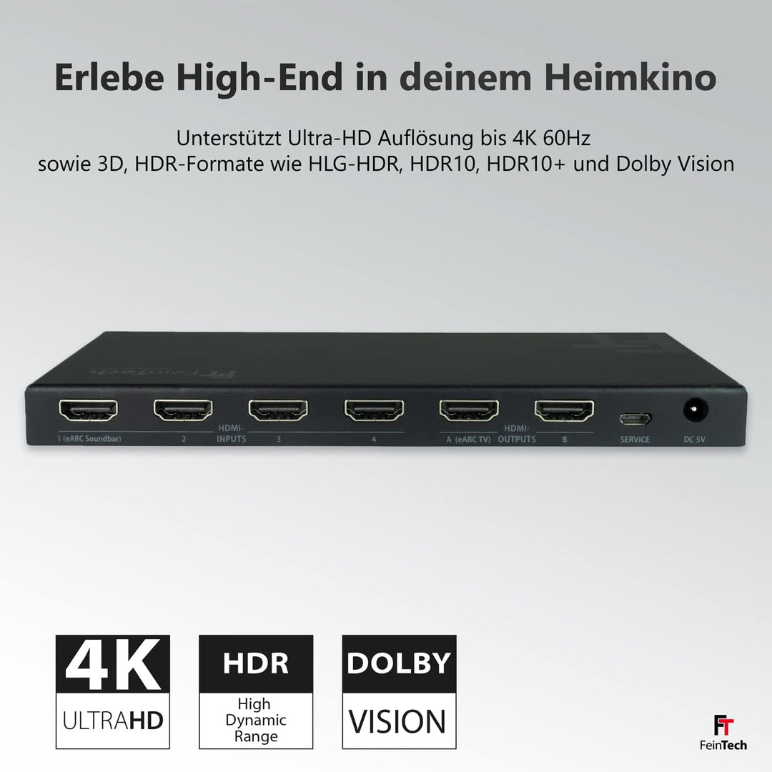 FeinTech VAX04201 HDMI eARC Pass Matrix Switch 4x2 für Soundbar und 2 Displays 4K 60Hz Dolby Vision