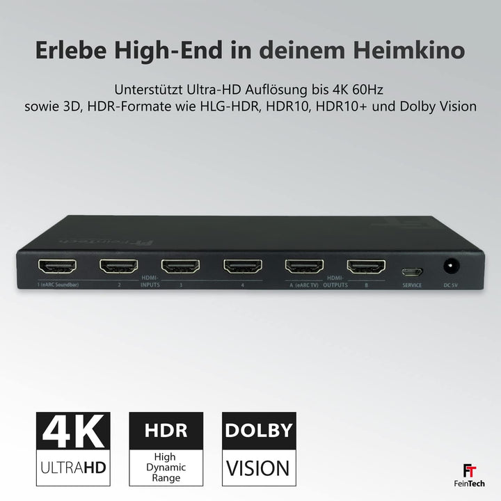 FeinTech VAX04201 HDMI eARC Pass Matrix Switch 4x2 für Soundbar und 2 Displays 4K 60Hz Dolby Vision
