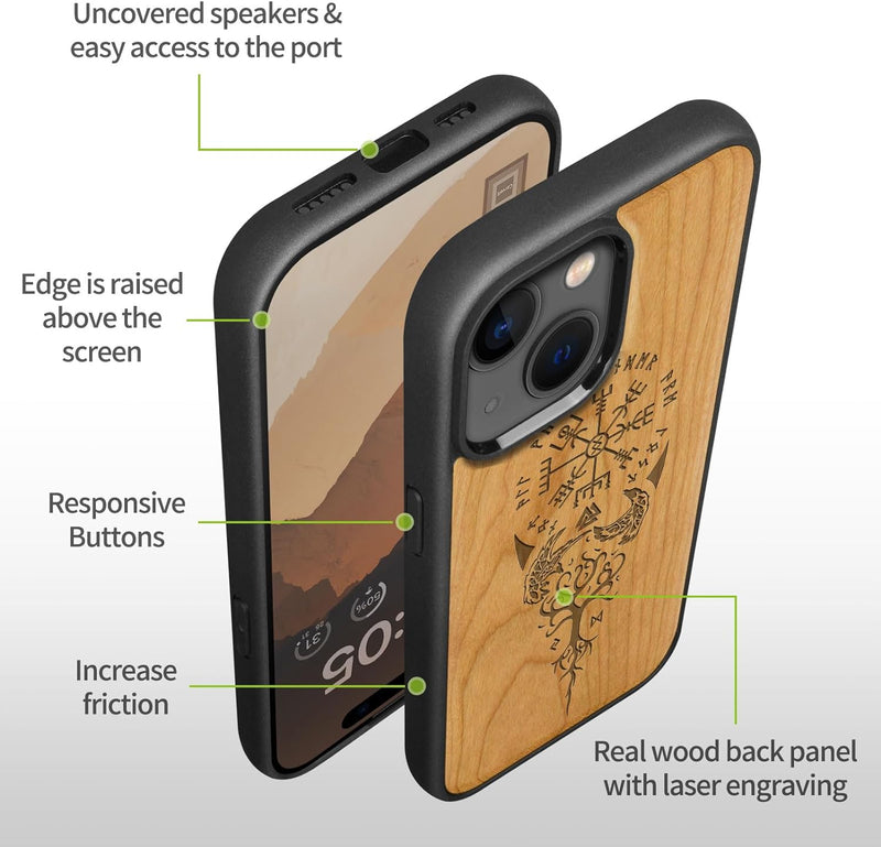 Carveit Holz Cover für iPhone 15 hülle, Kompatibel mit Magsafe Silikon Stossfeste Cover, Magnetisch