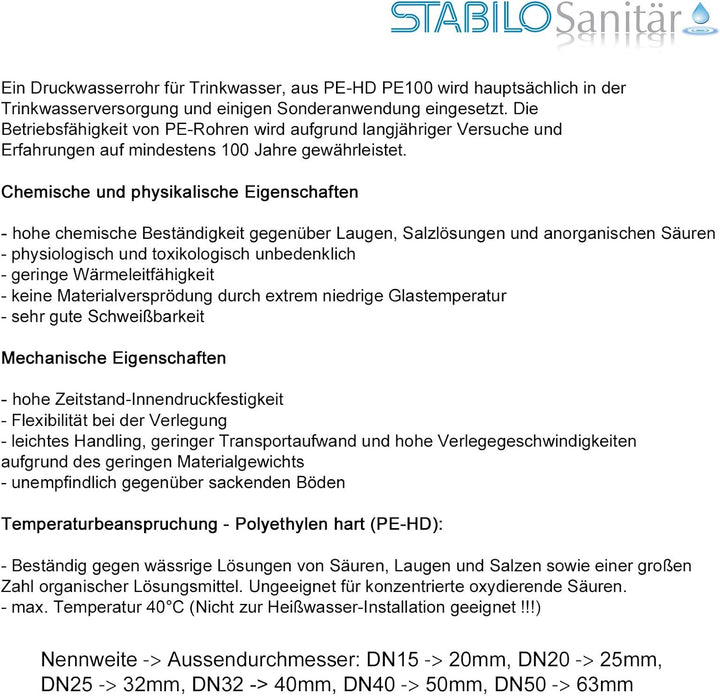 Stabilo-Sanitaer 25 m PE 100 HD Rohr 3/4 Zoll 25 x 2,3 mm PN16 flexible HDPE/Wasserleitung/Trinkwass