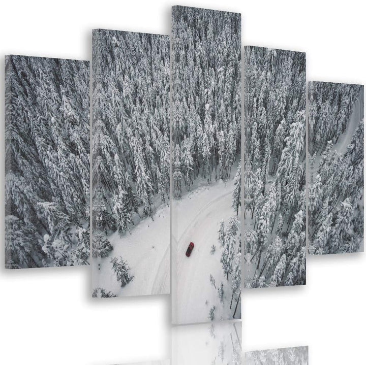 Feeby Wanddeko XXL Landschaft Leinwandbild 5 Teilig Winter Wald Weg Auto weiss 100x70 cm Leinwandbil