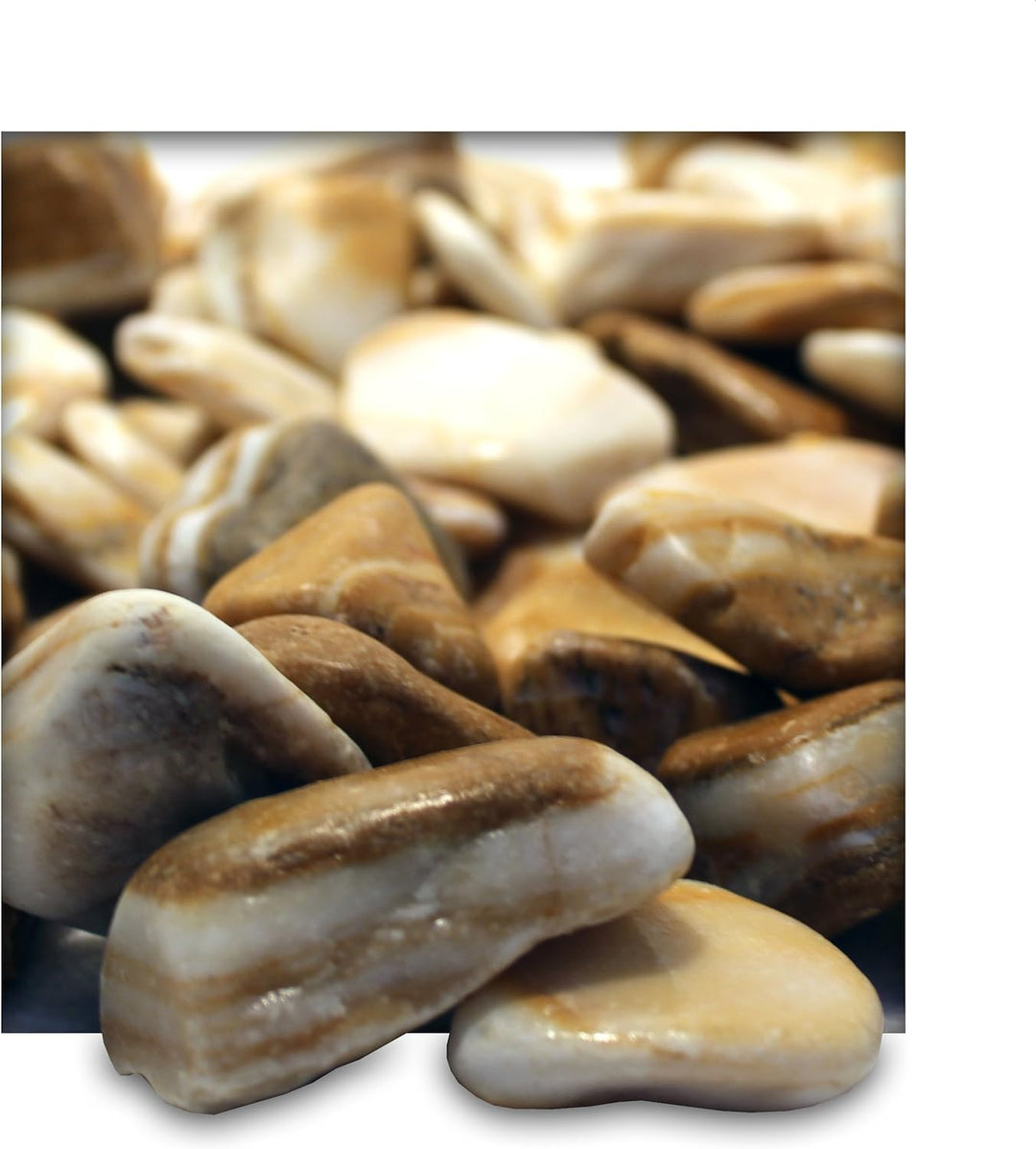 Kieskönig Flusskiesel Zierkies Cream Candy Garten Ziersteine Gartenteich gelb gestreift 25 kg Sack,