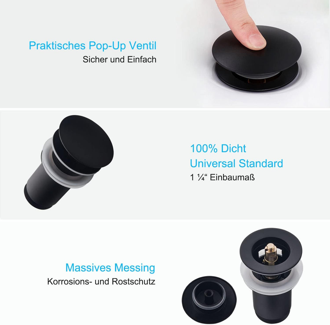 SET - Siphon mit Ablaufgarnitur mit Überlauf für Waschbecken Schwarz Matt - Keymark Universal Röhren