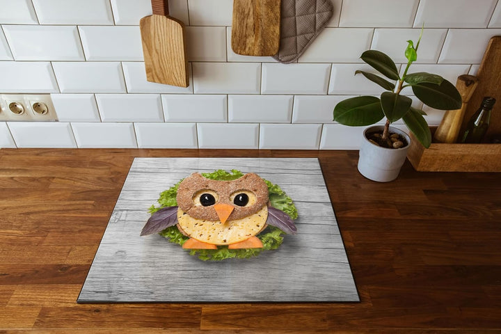 das lustige Eulen Sandwich Herdabdeckplatte & Spritzschutz aus Echtglas | Für Herd-Kochfelder | 60x5