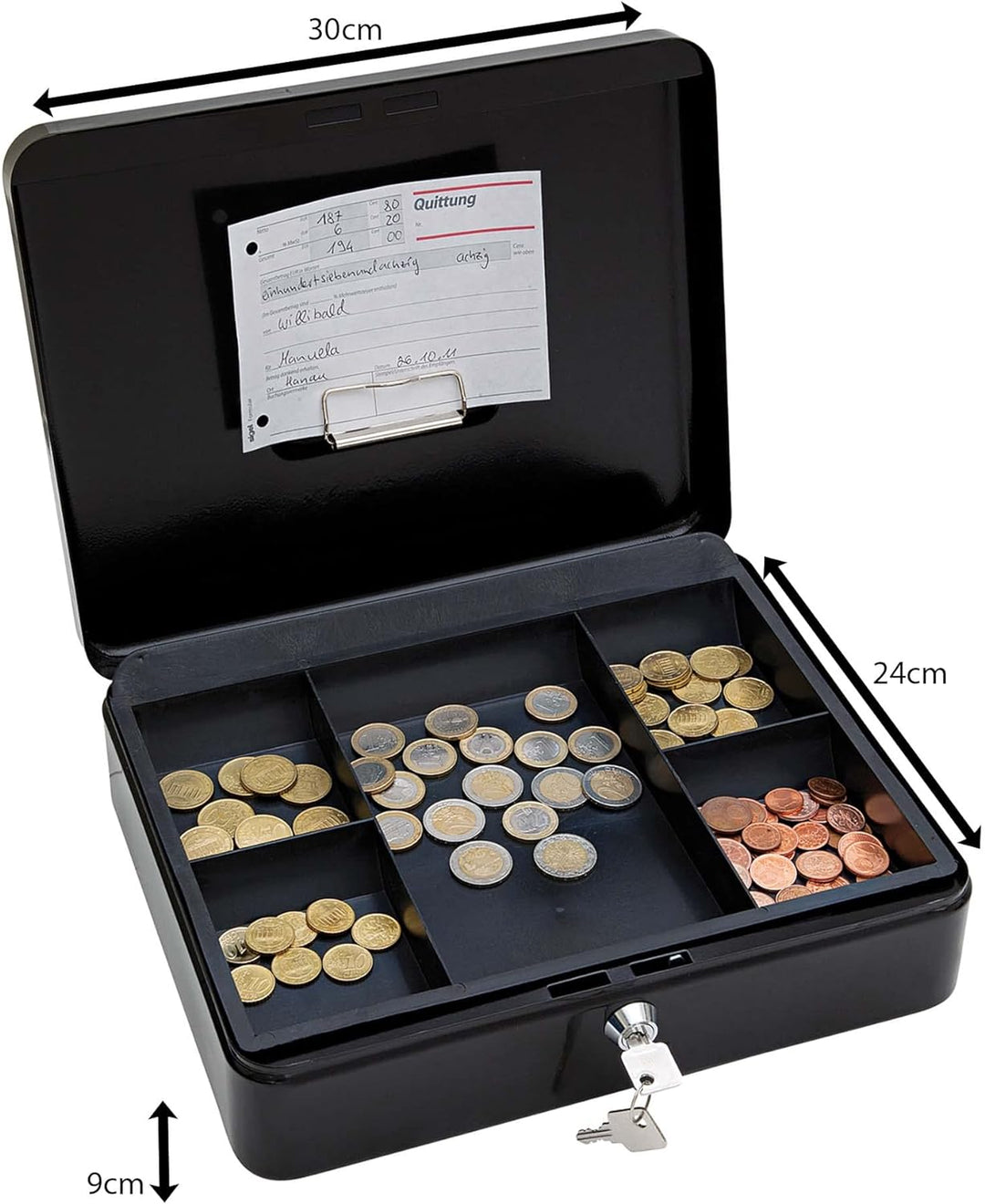 WEDO 145421H Geldkassette aus pulverbeschichtetem Stahl, Geldnoten- und Belegeklammer, 5-Fächer-Münz