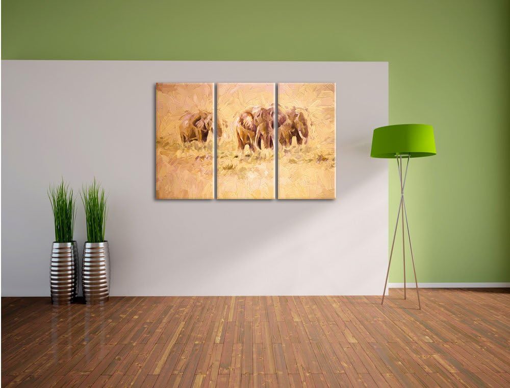 Pixxprint Elefanten in Südafrika / 3-Teilig/Gesamtmass 120cm Leinwandbild bespannt auf Holzrahmen/Wa