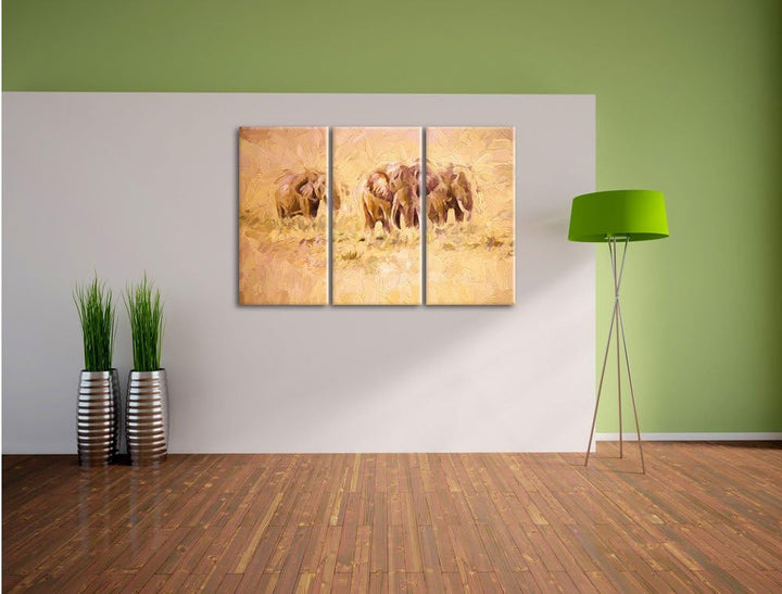Pixxprint Elefanten in Südafrika / 3-Teilig/Gesamtmass 120cm Leinwandbild bespannt auf Holzrahmen/Wa