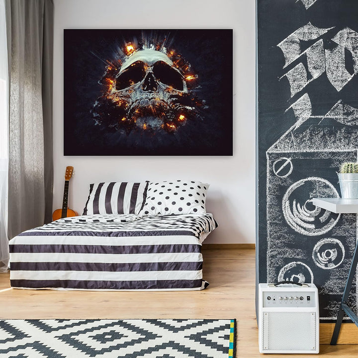 wandmotiv24 Totenkopf Wandbild aus Acrylglas, Grösse 100x75cm, Querformat, Explosion Schädel, Feuer,