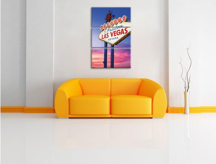 Pixxprint Las Vegas Schild in der Dämmerung als Leinwandbild | Grösse: 3 Teilig (120x80) | Wandbild|