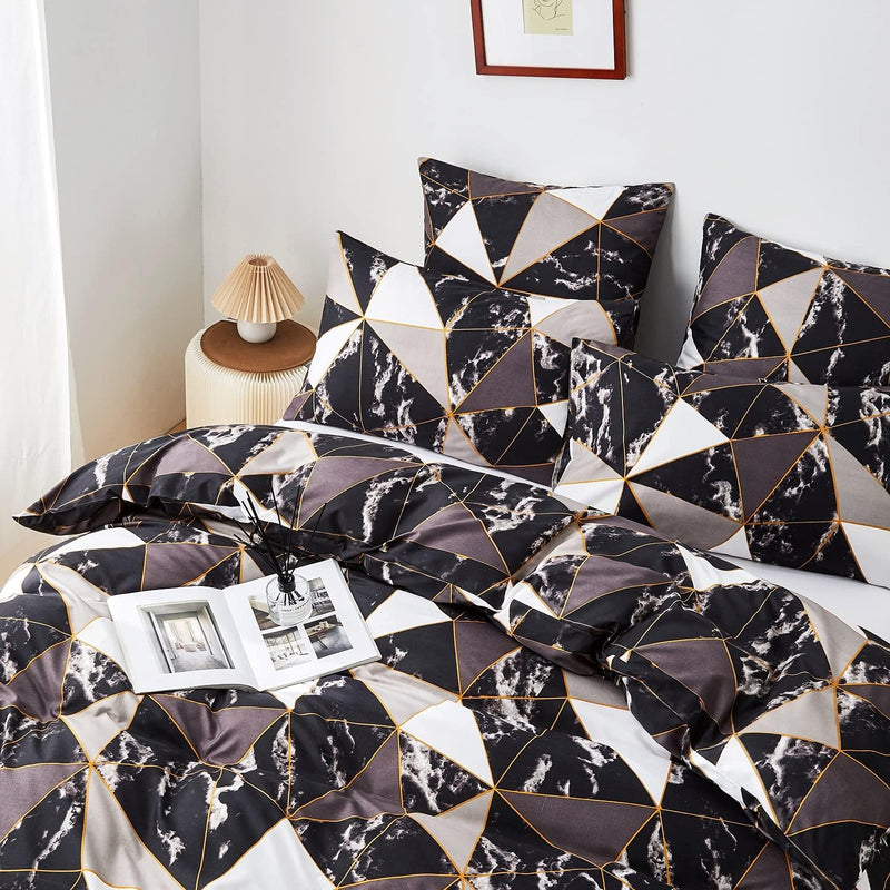Luofanfei Bettwäsche Marmor 200X220 cm Grau Schwarz Weiss Gold Dreiecke Bettdeckenbezug Doppelbett S