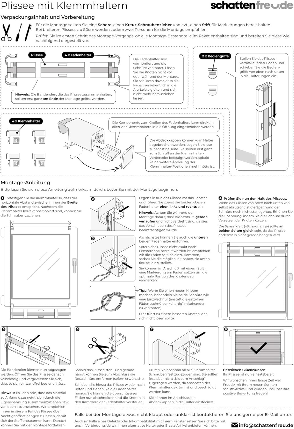 SchattenFreude Klemmfix-Plissee für Fenster | Mit Klemm-Haltern | Ohne Bohren | Reinweiss, Breite: 1
