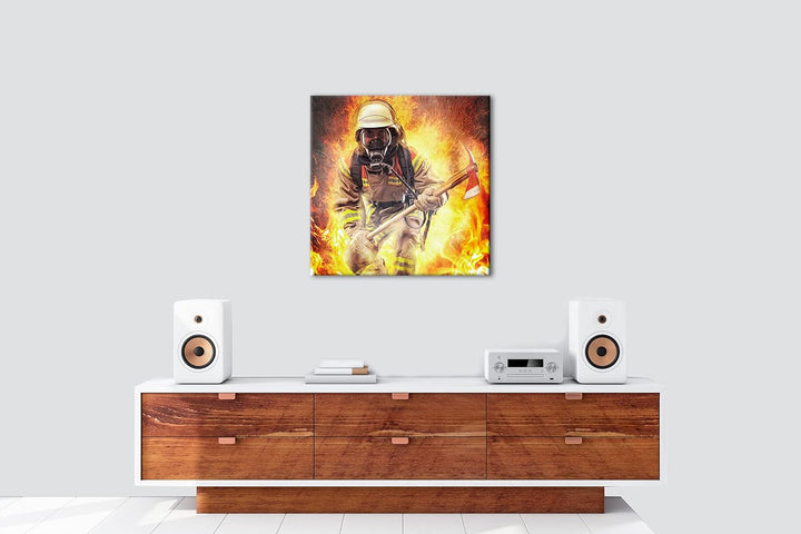Feuerwehrmann im Einsatz Format: 60x60 als Leinwandbild, Motiv fertig gerahmt auf Echtholzrahmen, Ho