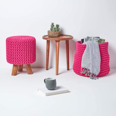 Homescapes Kleiner runder Strick Sitzhocker mit Holzbeinen, pink Fusshocker 32 x 32 x 42 cm, Strickh