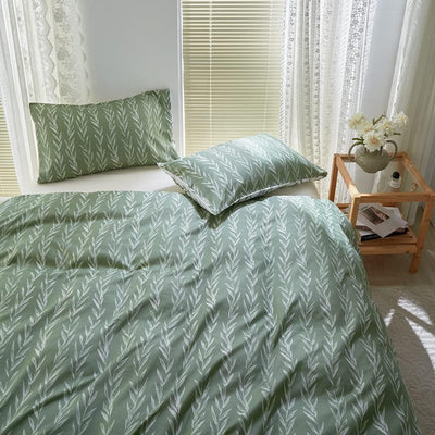 OLDBIAO Bettwäsche 200 x 200 cm und 2 Kissenbezüge 80 x 80 cm, Grün Weiss Blatt Wendebettwäsche Set