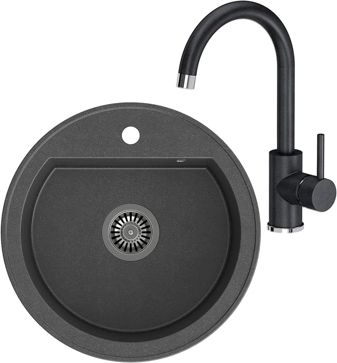 VBChome Spüle Spülbecken Granit 51 cm Einzelbecken Einbauspüle gesprenkelt + Siphon Waschbecken + Wa