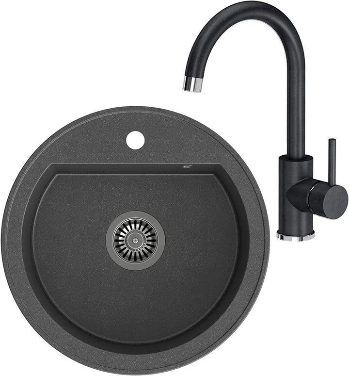 VBChome Spüle Spülbecken Granit 51 cm Einzelbecken Einbauspüle gesprenkelt + Siphon Waschbecken + Wa