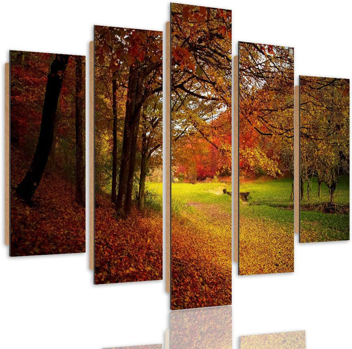 Bilder Modern Landschaft 5 Teilig Design Art Herbst Blätter Bäume orange 100x70 cm Deco panel 100x70