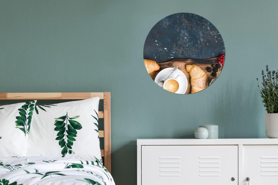MuchoWow Wandbild Rund Wanddeko Deko Wohnzimmer Bilder 60x60 cm Croissant - Obst - Kaffee - Küche, 6