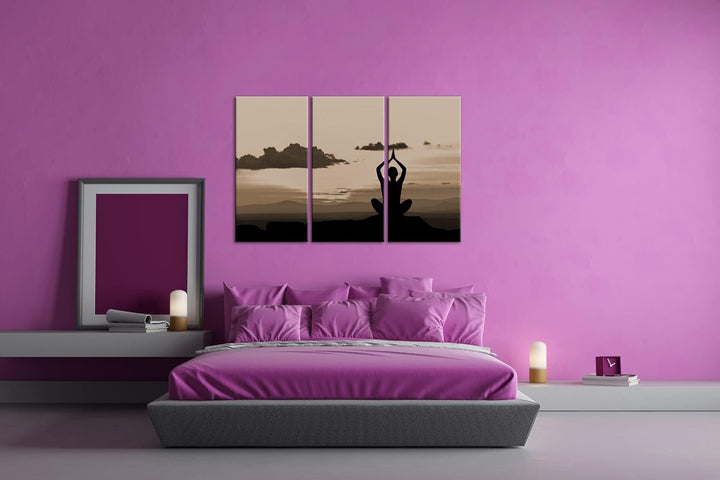 deyoli Yoga Meditation am Meer Format: 3Teilig Effekt: Sepia als Leinwandbild, Motiv fertig gerahmt