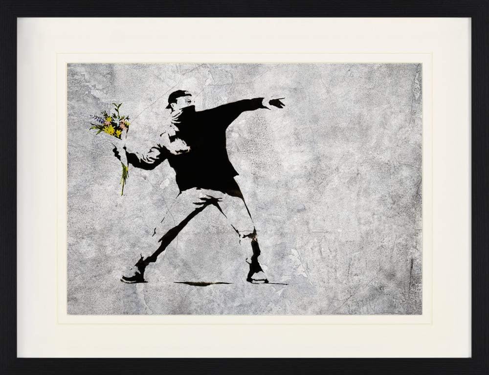 1art1 Banksy Poster Der Blumenwerfer, Graffiti Streetart Gerahmtes Bild Mit Edlem Passepartout | Wan