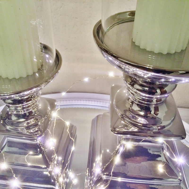 DRULINE Eckig und Rund Windlicht Kerzenständer Kerzenleuchter Silber Keramik (ECKIG Gross), ECKIG Gr