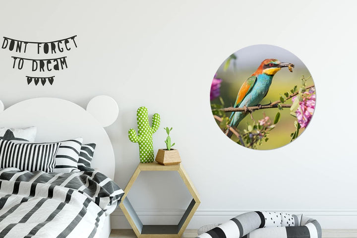 MuchoWow Wandbild Rund Wanddeko Deko Wohnzimmer Bilder 60x60 cm Vogel - Bienenfresser - Blumen, 60x6