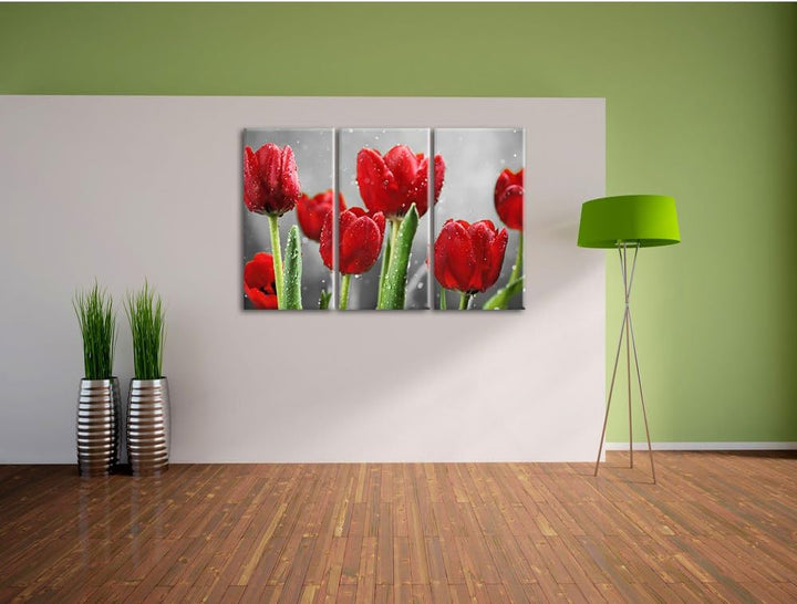 Pixxprint Rote Tulpen mit Tropfen bedeckt als Leinwandbild/Grösse: 3 Teilig (120x80) cm/Wandbild/Kun