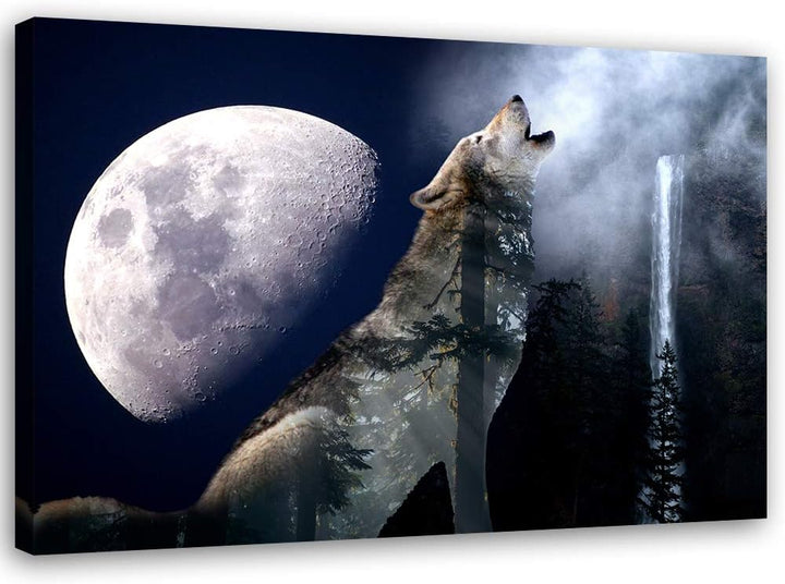 Feeby Leinwandbild Wolf Bild Kunstdruck Mond Blau 70x50 cm Leinwandbild 70x50 cm Blau_c, Leinwandbil