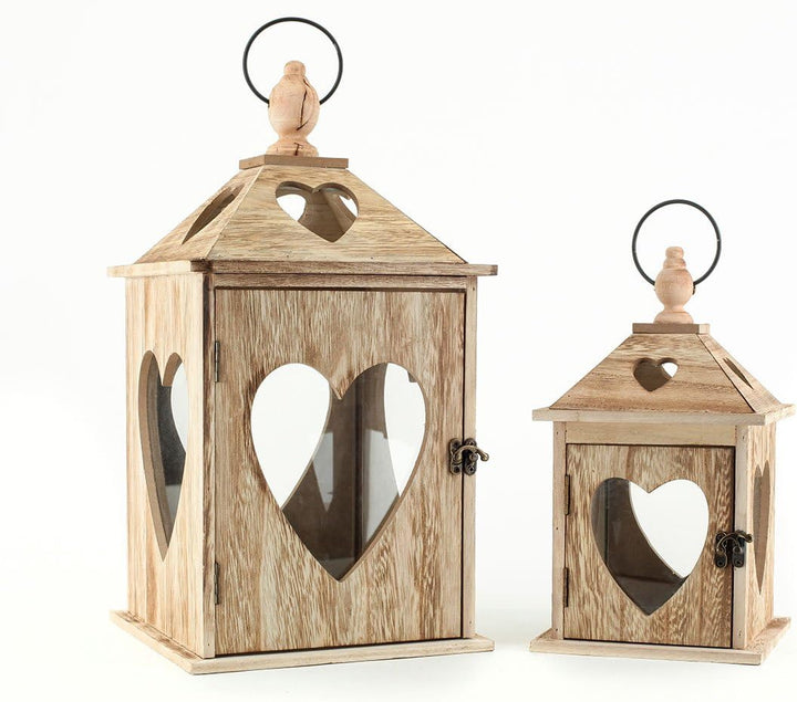 levandeo 2er Set Laternen aus Holz und Glas mit Herz Herzfenster - Windlichter Farbe braun - Tischla