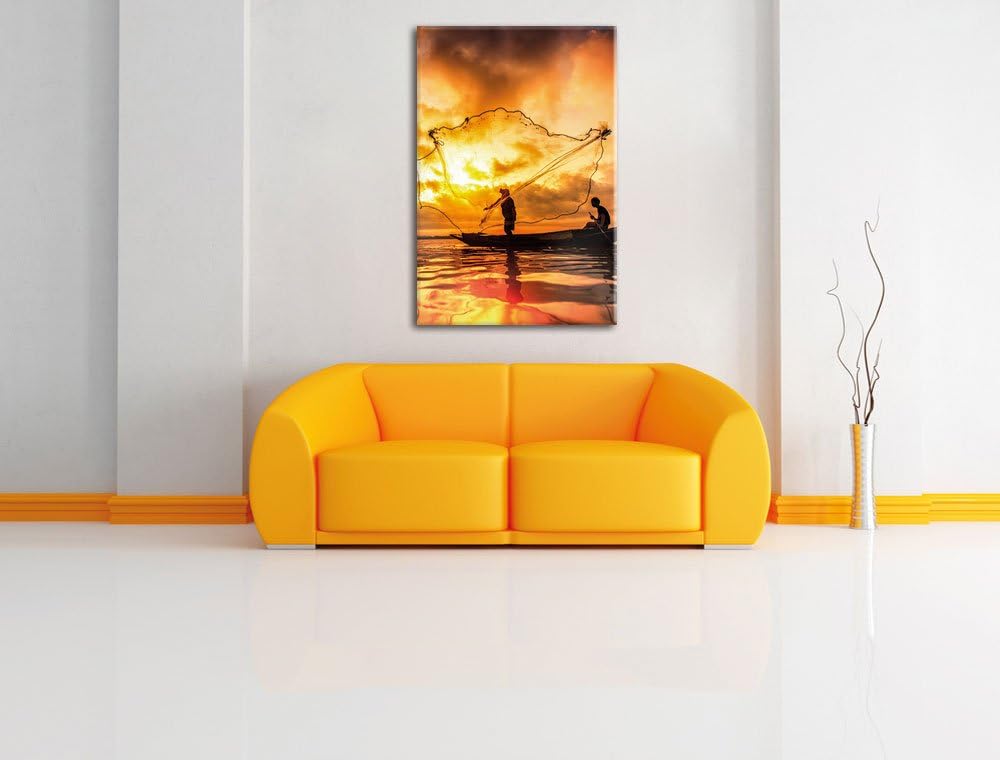See mit Anglern, Format: 100x70 auf Leinwand, XXL riesige Bilder fertig gerahmt mit Keilrahmen, Kuns